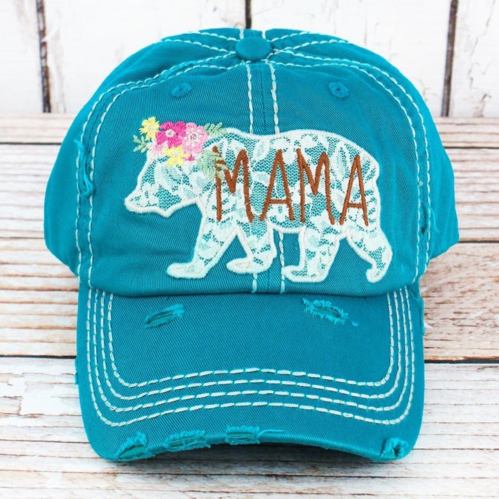 DISTRESSED TURQUOISE WITH LACE MAMA BEAR CAP